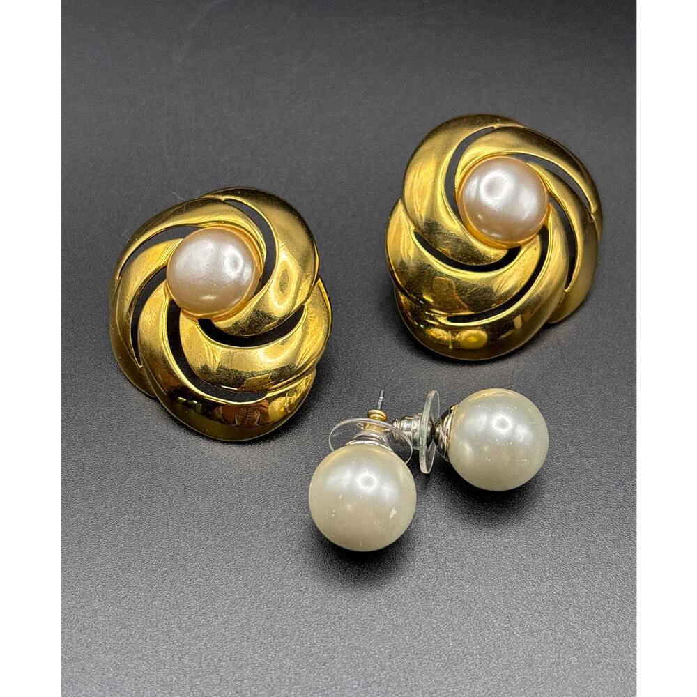 Vtg Napier Bold Earrings w/Faux Pearl 1980s Fashion Jewelry w/Pearl Earring Set